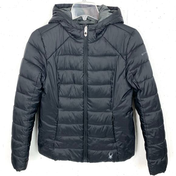 Spyder Womens Clara Short Puffer Jacket Hooded Black Poly Insulated Size Small - Picture 1 of 10